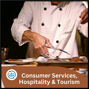 Consumer services hospitality and tourism.  Chef holding tongs